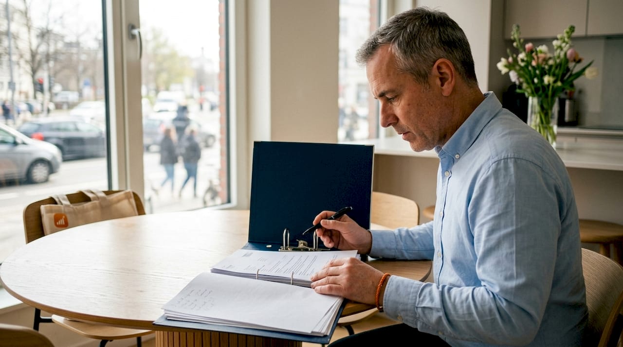 Een man zit aan de keukentafel terwijl hij de huizenprijzen grondig bestudeert.