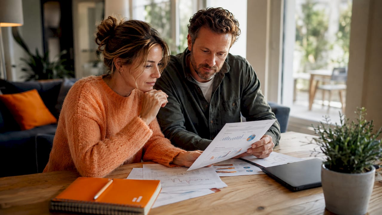 Stel bekijkt samen de papieren met de actuele woningwaarde