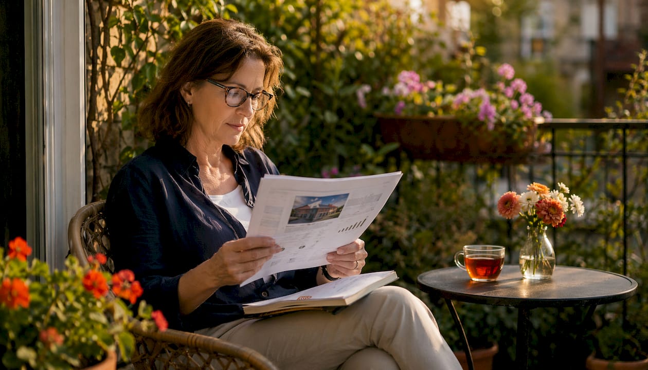 Een vrouw bestudeert het bouwkundig rapport op haar kantoor.