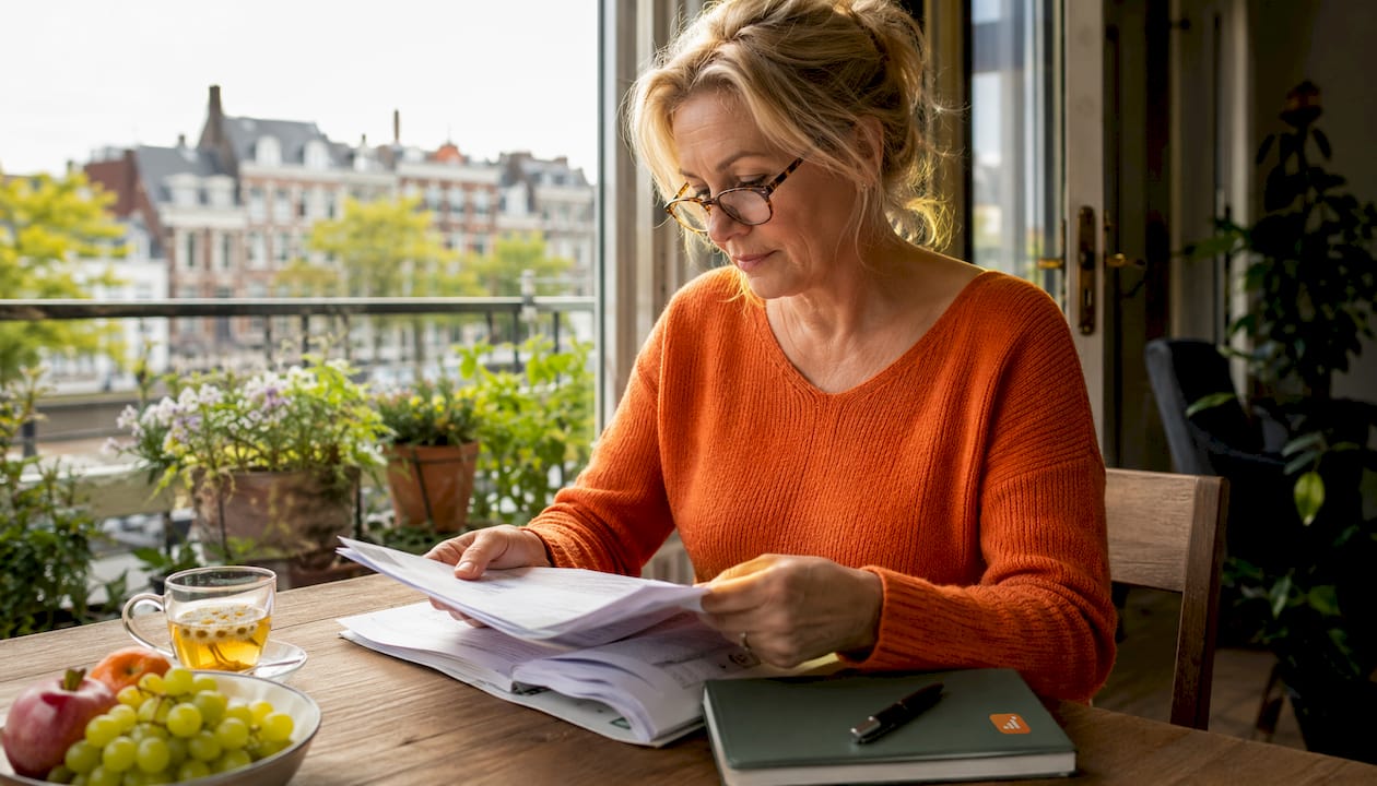 Vrouw verdiept zich in papieren over de waardebepaling van haar huis