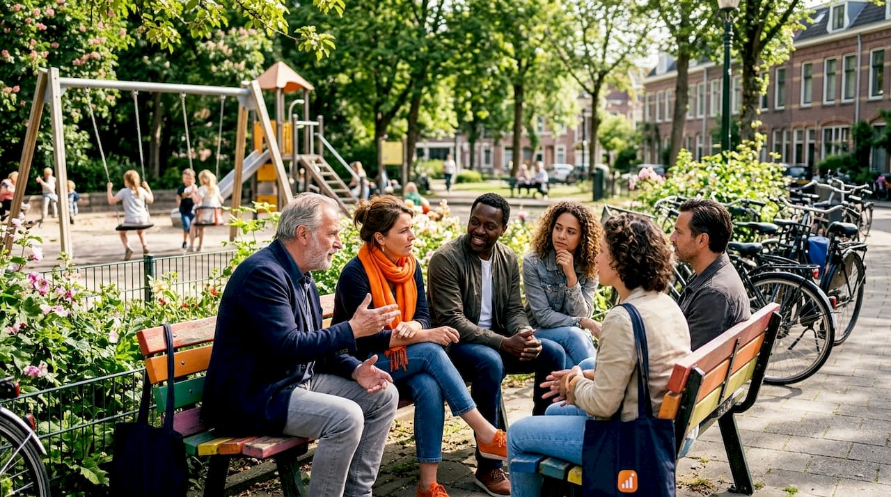 Buurtbewoners praten buiten met elkaar over de voorzieningen in de wijk.