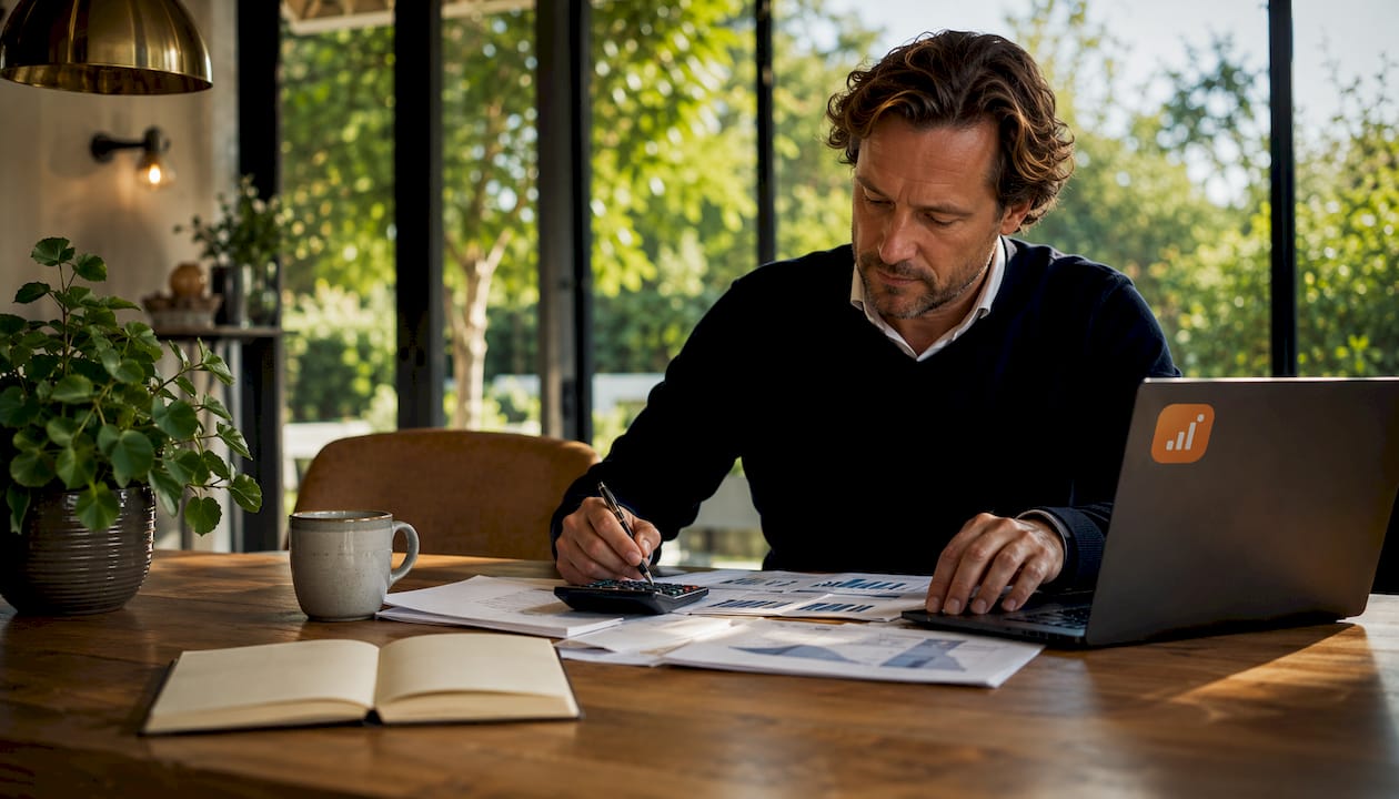 Aan de keukentafel rekent de vastgoedinvesteerder uit wat het rendement van zijn investering is.