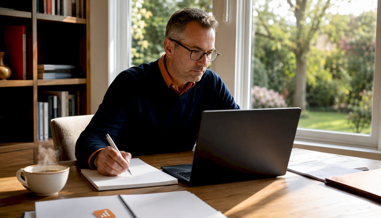 Man zit aan de keukentafel en checkt online wat zijn huis waard is