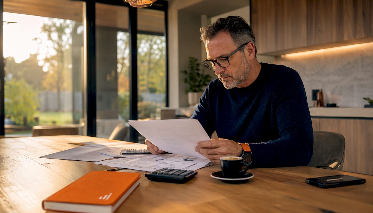 Man beoordeelt verhuurportefeuille achter zijn bureau