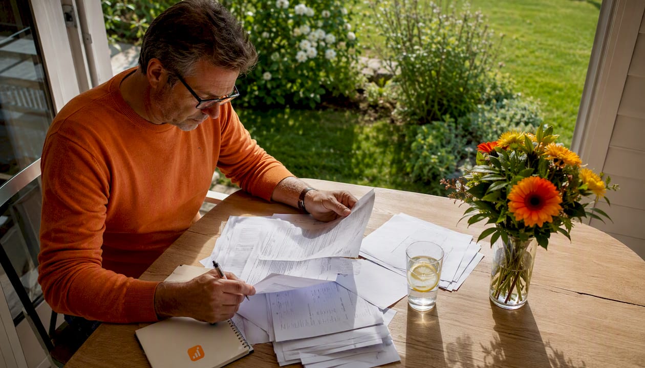 Een man bekijkt zijn belastingaangifte voor zijn verhuurde panden.