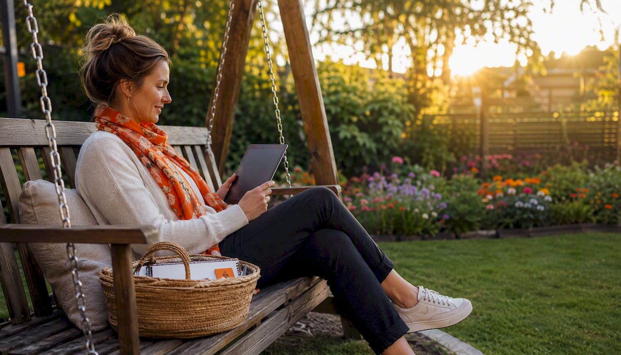 Een vrouwelijke verhuurder bekijkt op haar tablet gegevens terwijl ze in het park zit.