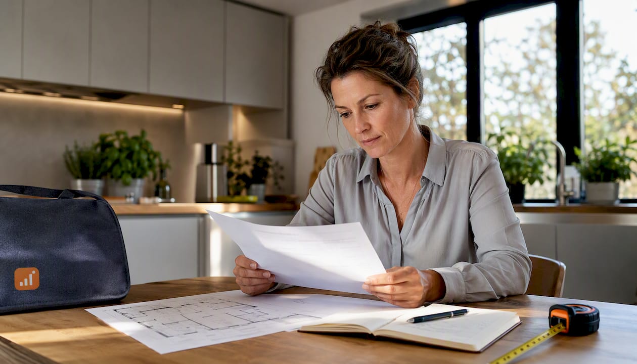 De taxateur bekijkt het taxatierapport tijdens de inspectie van de woning.