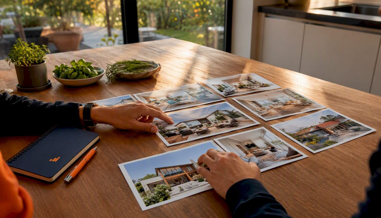 Met z’n allen aan de keukentafel woningfoto’s naast elkaar leggen en vergelijken.