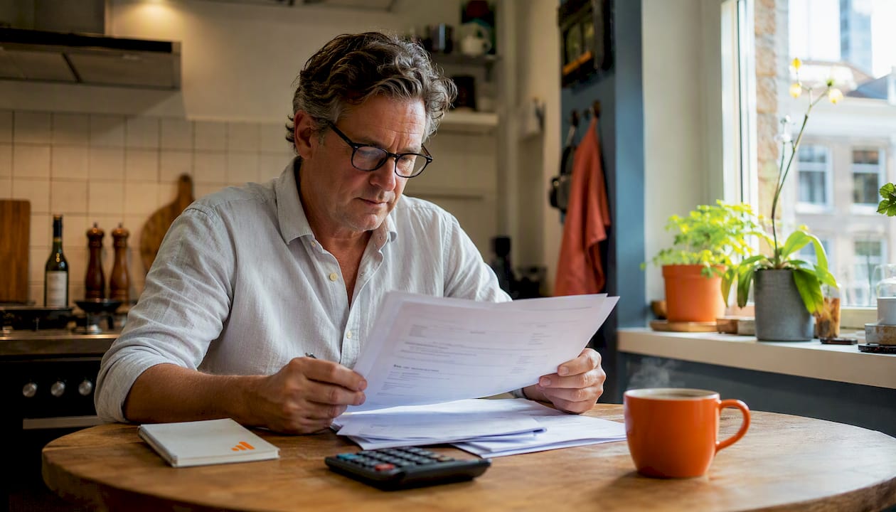 Man zit thuis aan de eettafel en kijkt zorgvuldig zijn huurcontracten na.