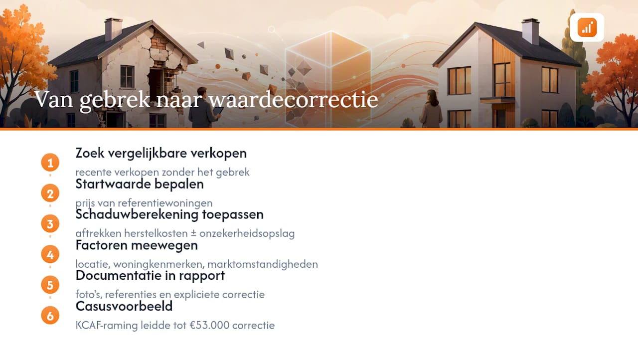 Hoe vertaalt een taxateur een gebrek naar een waardevermindering? — overview diagram
