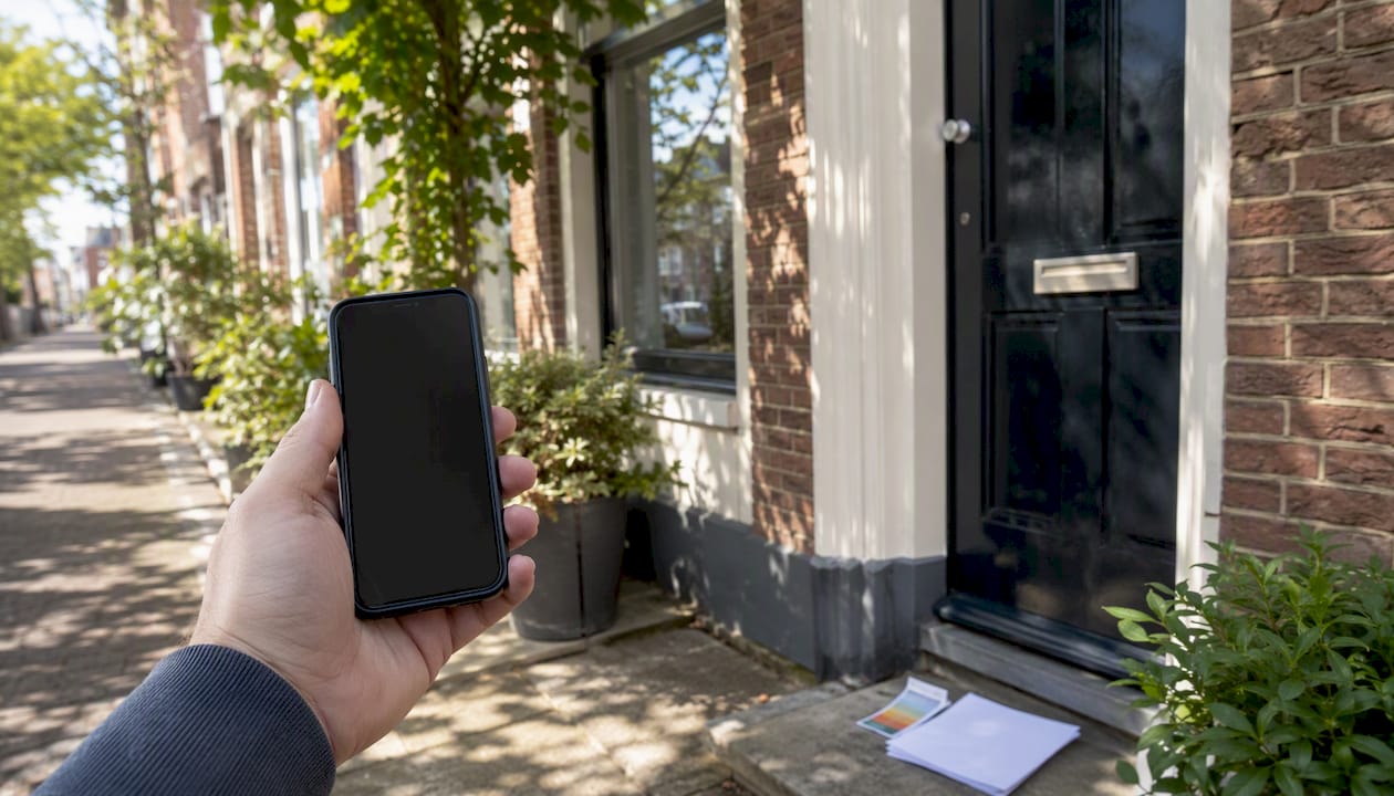 Voorgevel van een typisch Nederlands huis met taxatierapporten erbij