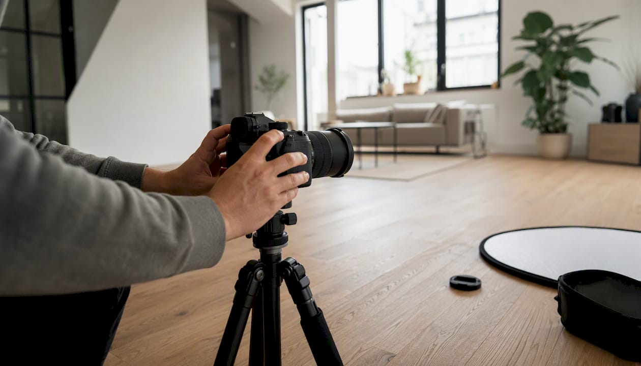 Woningfoto’s van hoge kwaliteit in een sfeervol, neutraal ingerichte woonkamer