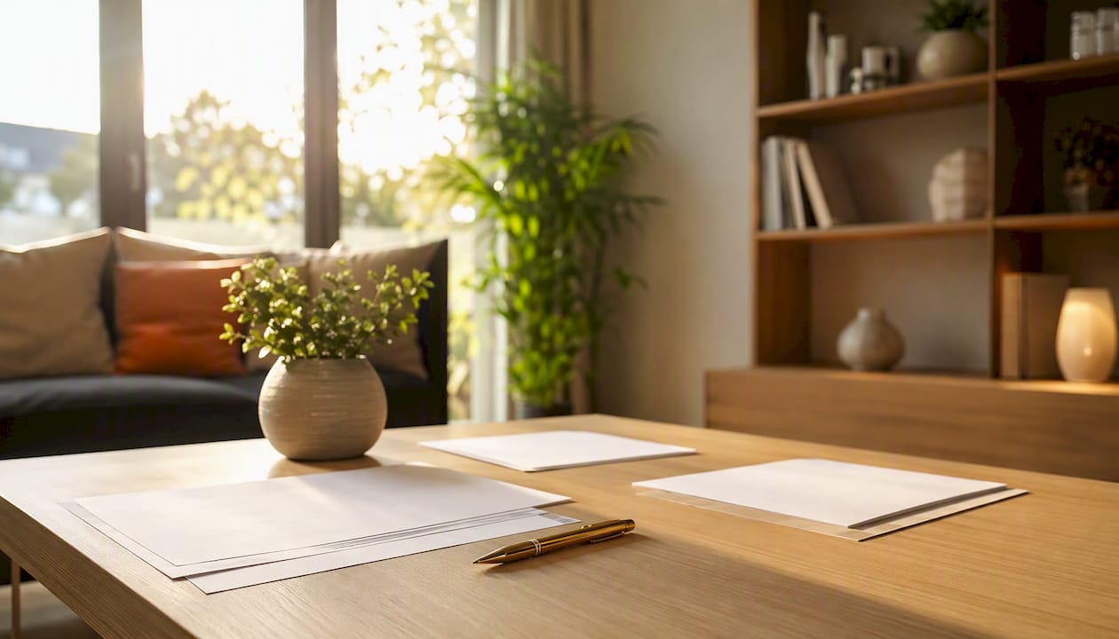 Papieren en een pen liggen klaar op tafel voor het tekenen van het koopcontract van een huis.