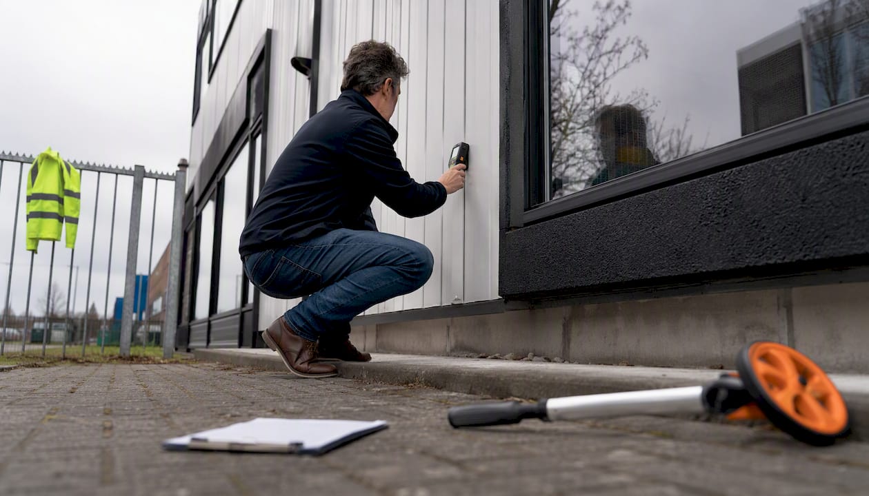 Taxateur inspecteert de buitenkant van een bedrijfspand