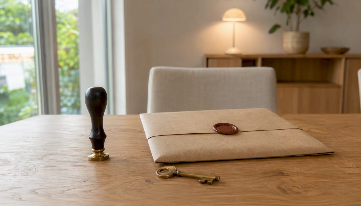 Een notarisbureau met een stempel, sleutels en een envelop op het bureau.
