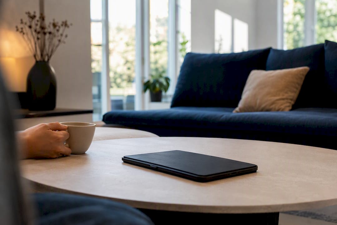 Een eigentijdse woonkamer waar een laptop en een kop koffie op de salontafel staan.