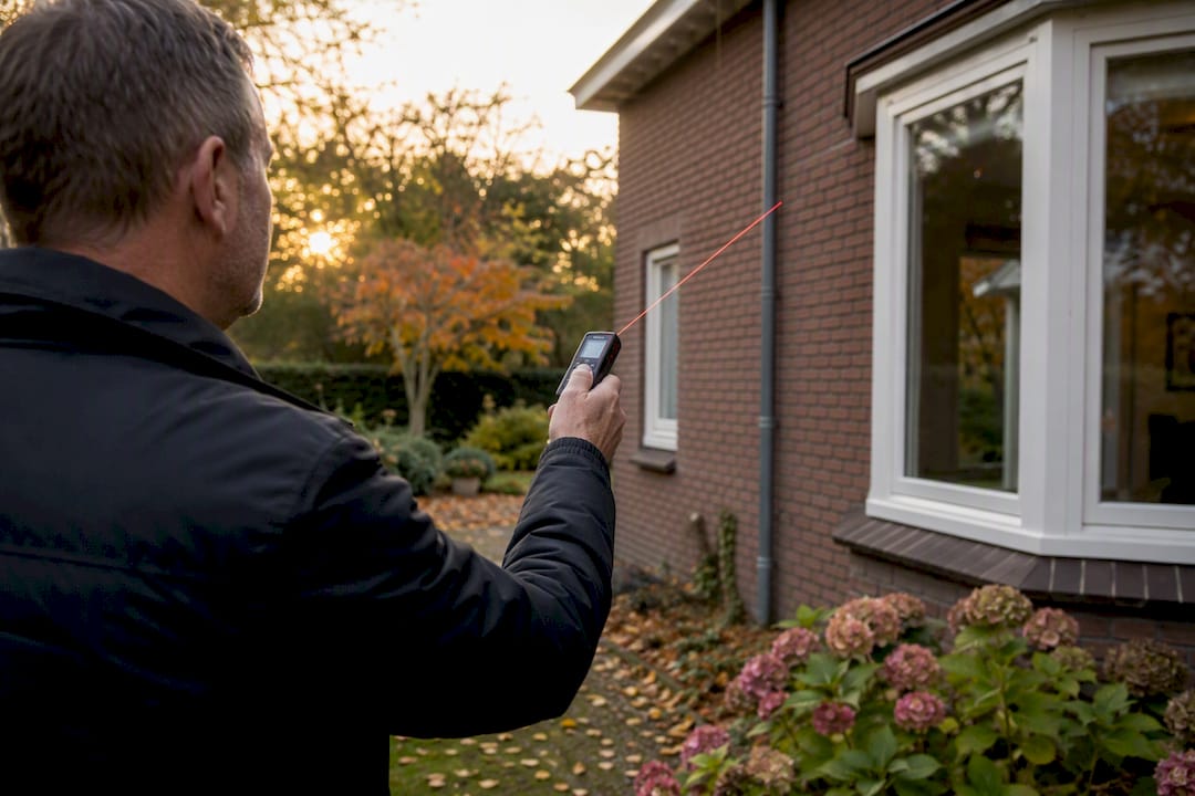 Een huiseigenaar die de buitenkant van zijn woning opmeet