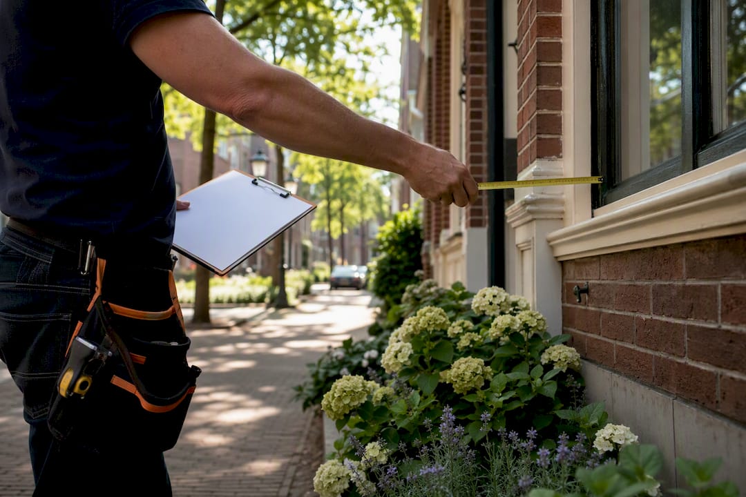 Een taxateur is in de wijk bezig om de buitenkant van een woning op te meten.
