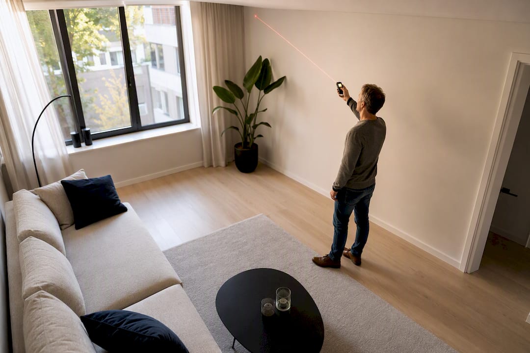 Huiseigenaar meet kamer op met laserapparaat