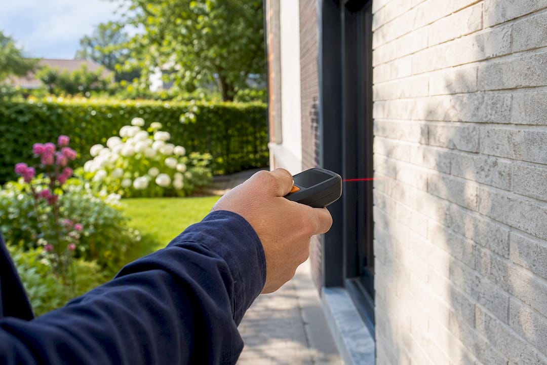 Huiseigenaar die een lasermetertje tegen de muur van zijn huis houdt