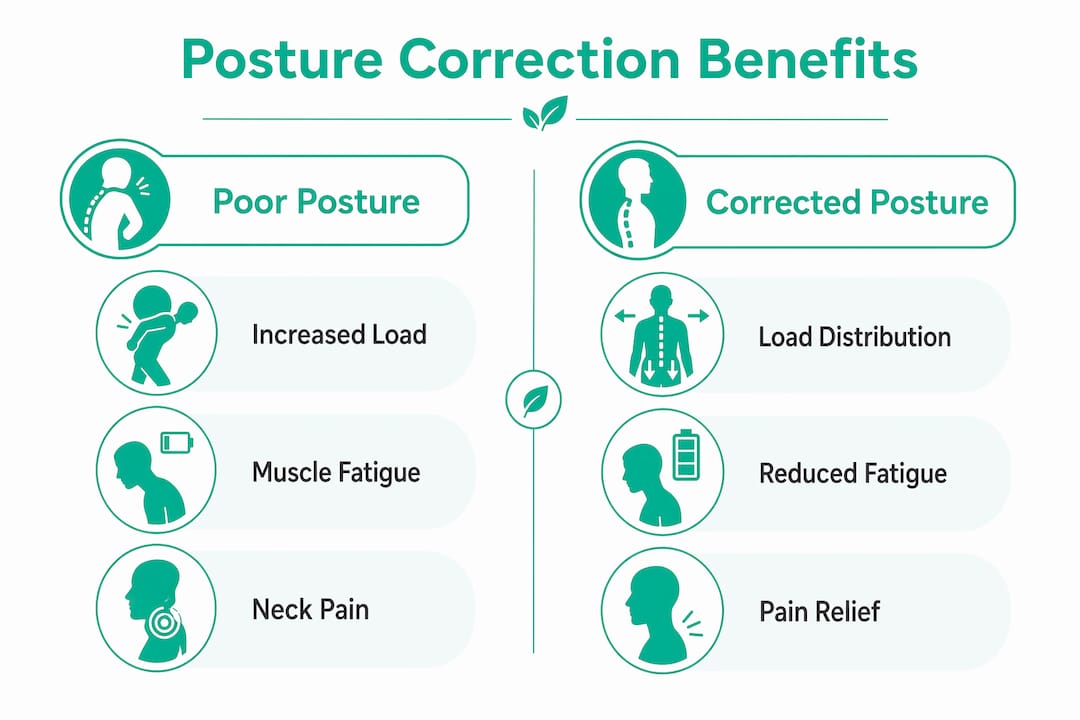 Infographic comparing poor vs corrected posture benefits