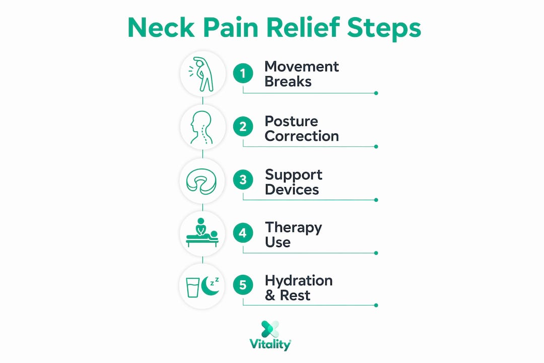 Infographic displaying steps for relieving travel neck pain