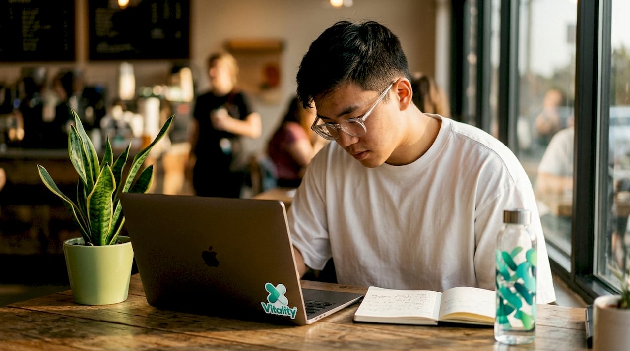 Side profile showing forward head posture at desk