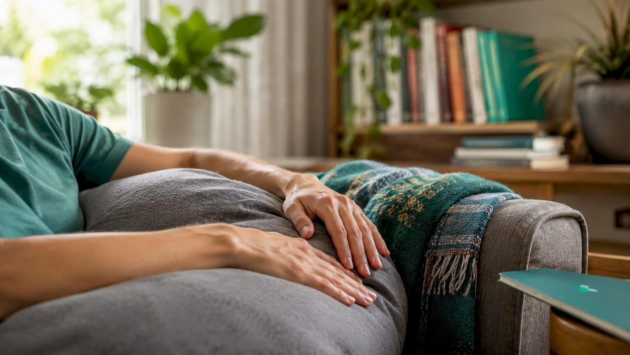 Close-up relaxed hands on bed linens indicating muscle tension release
