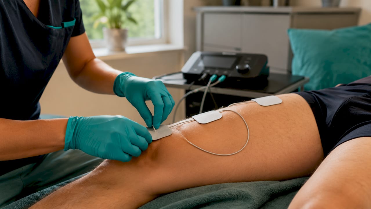 Hands applying EMS electrodes on thigh muscle