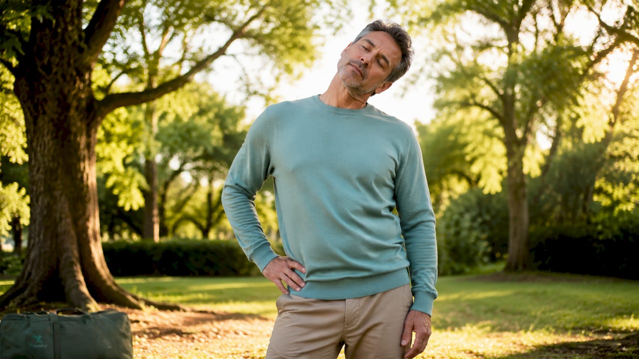 Man performing side tilt neck stretch at home office