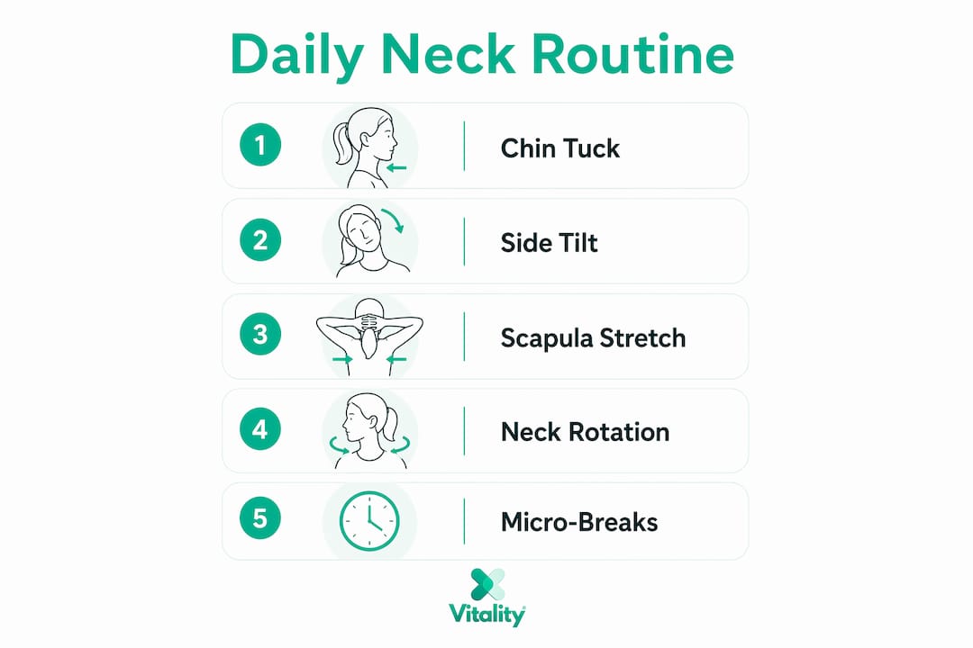 Infographic illustrating daily neck mobility exercise steps