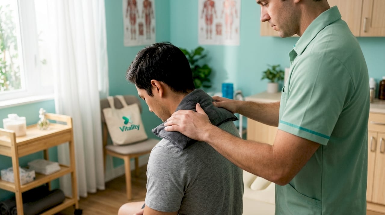 Physical therapist applying heat pack to neck
