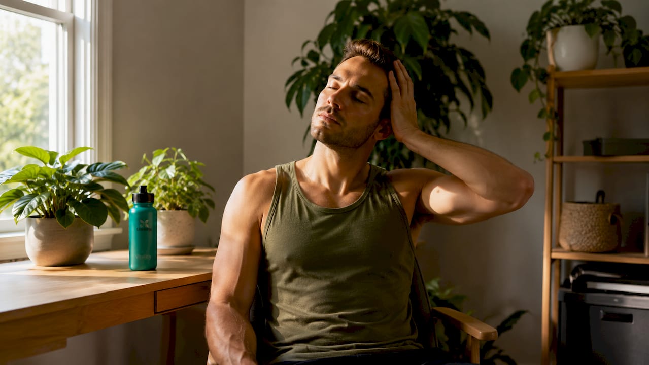 Man performing isometric neck exercise on sofa