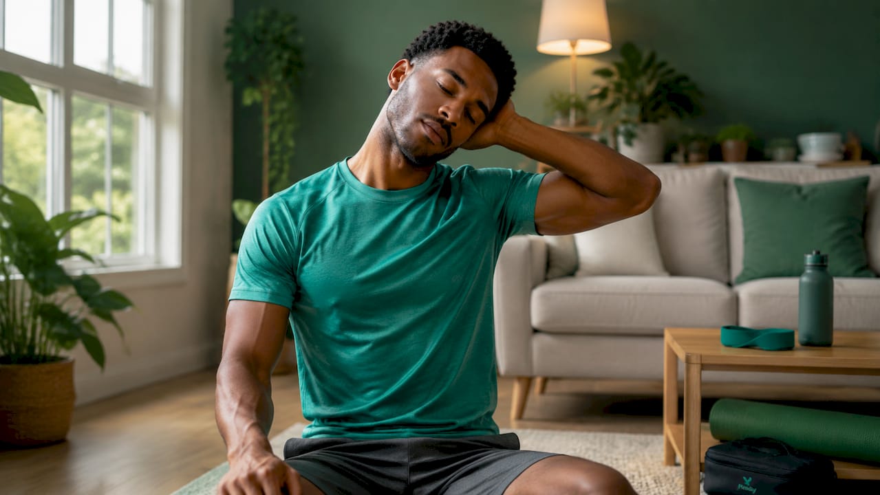Close-up of man doing neck stretch safely