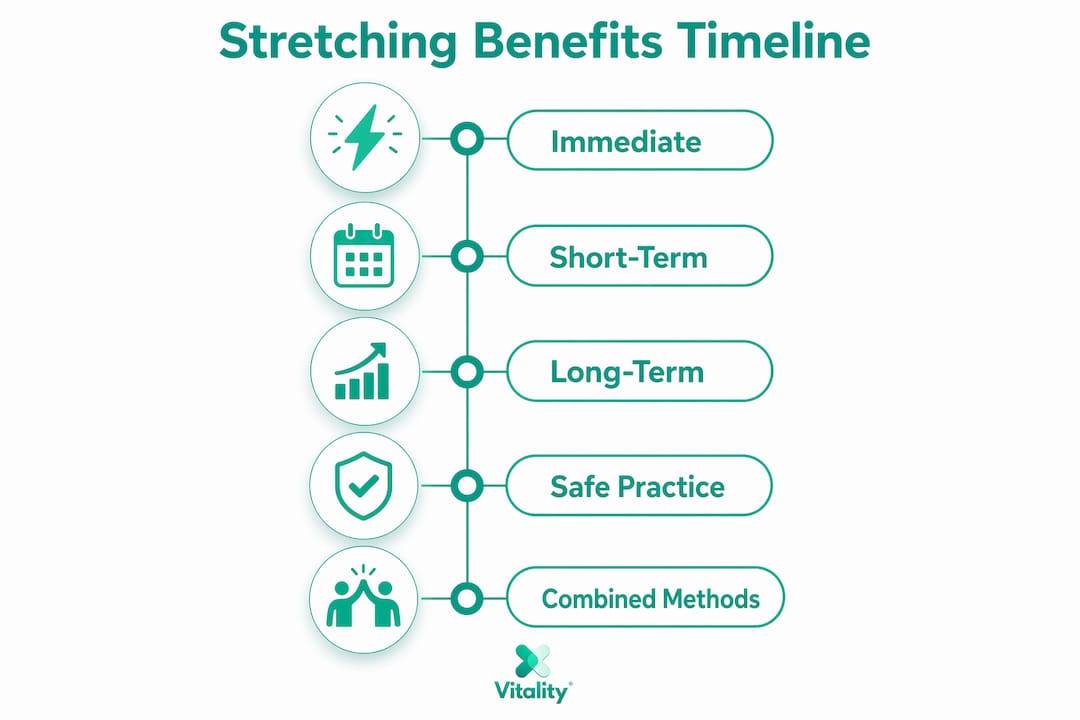 Infographic showing stretching benefits timeline and practices