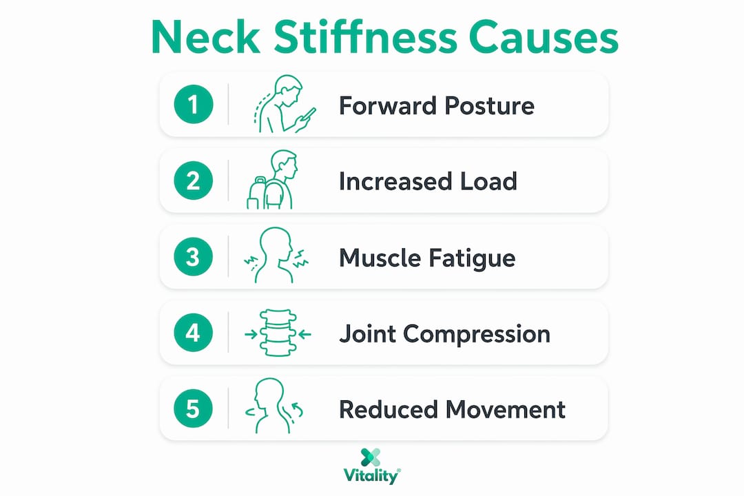 Infographic showing steps causing neck stiffness