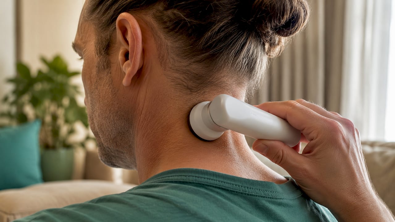 Close-up of neck vibration therapy device