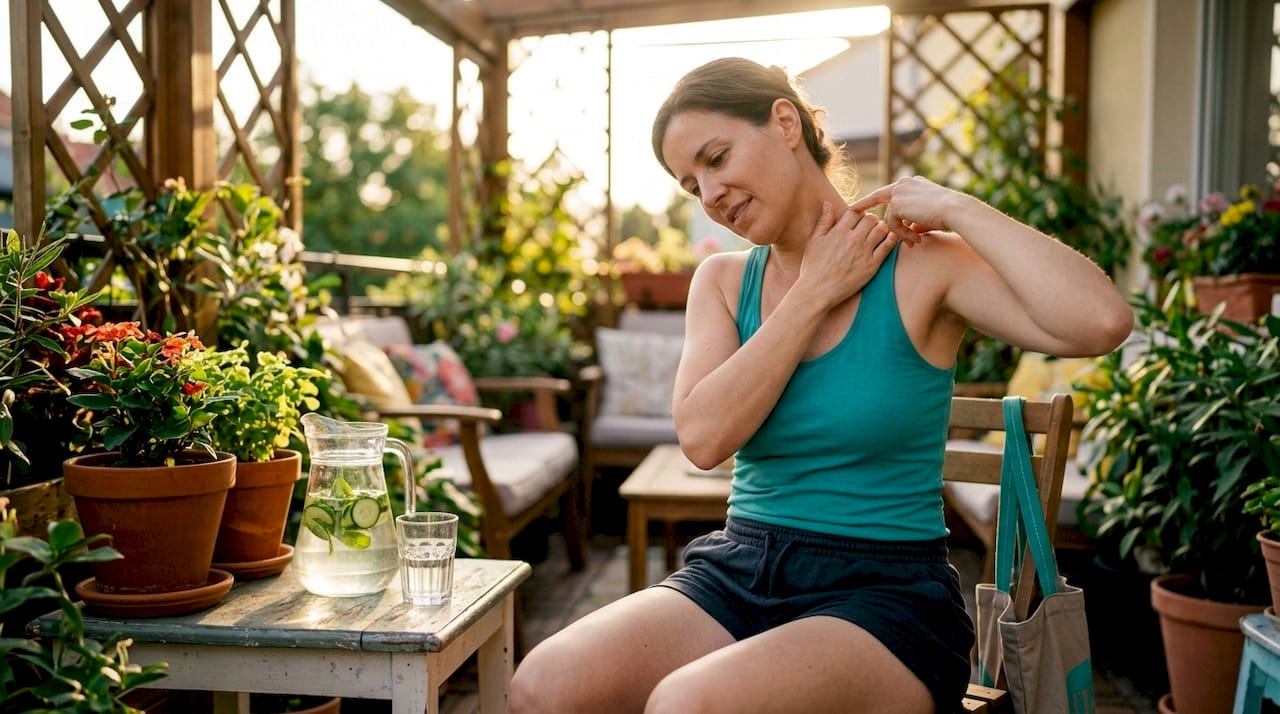 Hands self-massaging upper trapezius muscle