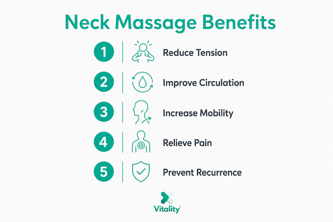 Infographic illustrating main benefits of neck massage therapy