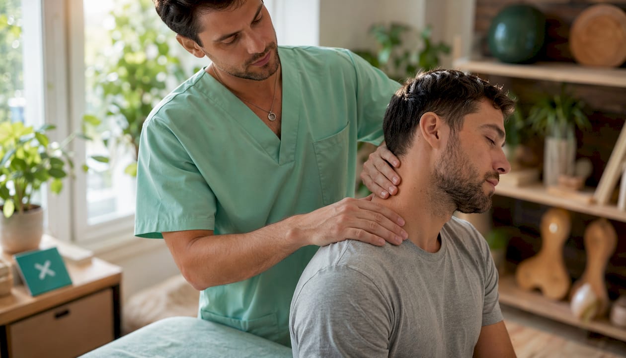 Physiotherapist examining patient's neck muscles