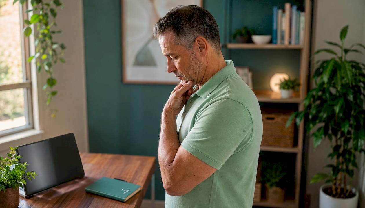 Middle-aged man doing neck chin tuck exercises
