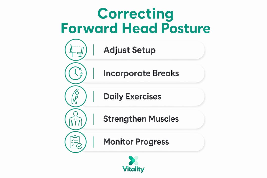 Infographic illustrating steps to fix forward head posture
