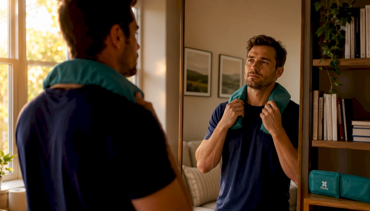 Man applying heating pad to neck in bathroom