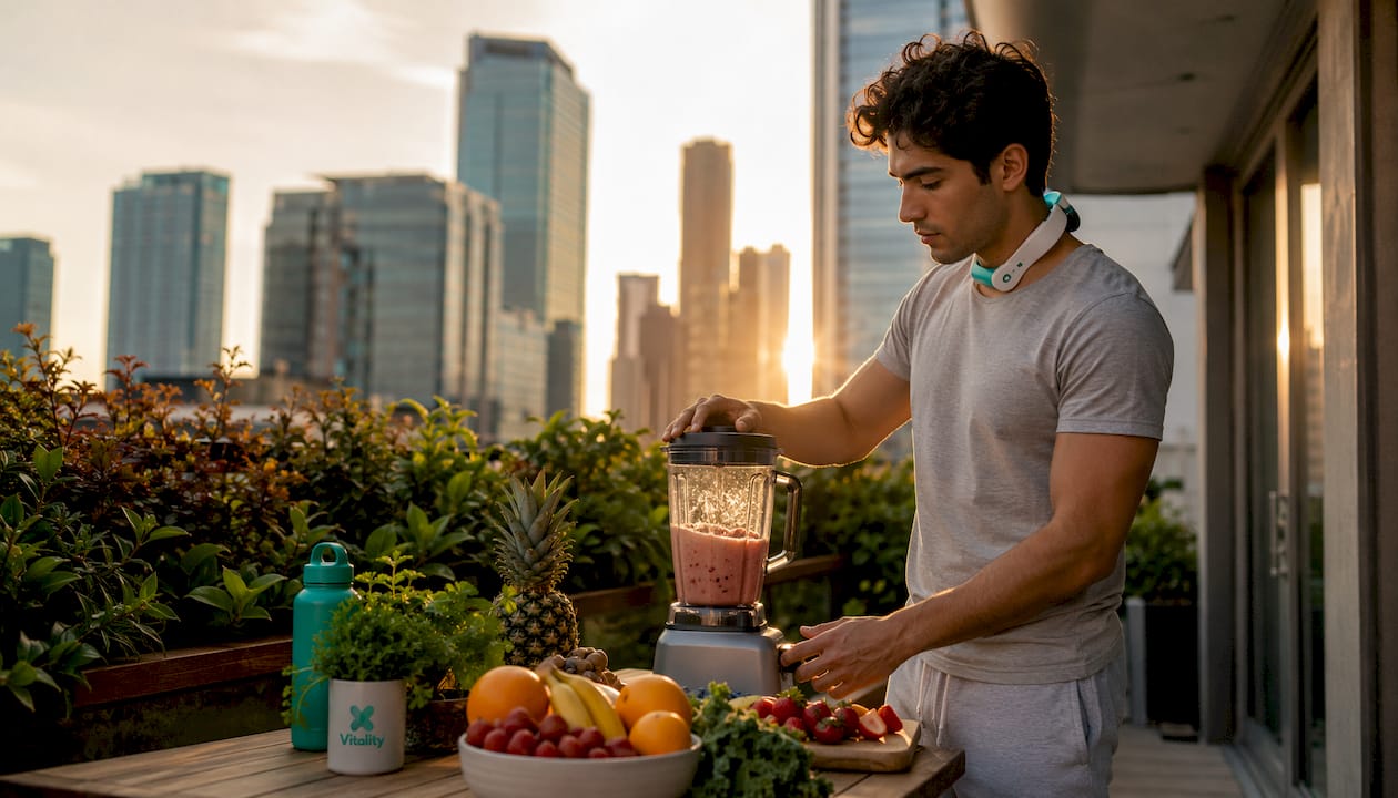 Man using neck therapy device while preparing smoothie