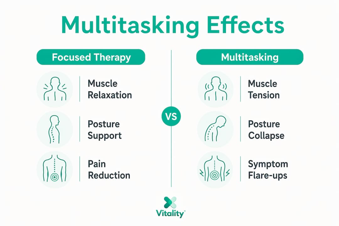 Infographic contrasting multitasking versus focused therapy effects