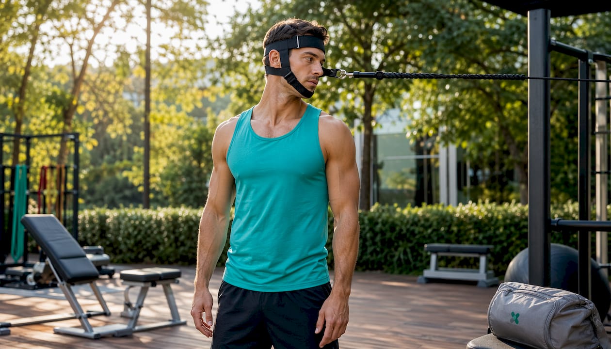 Athlete using rotational neck resistance rig