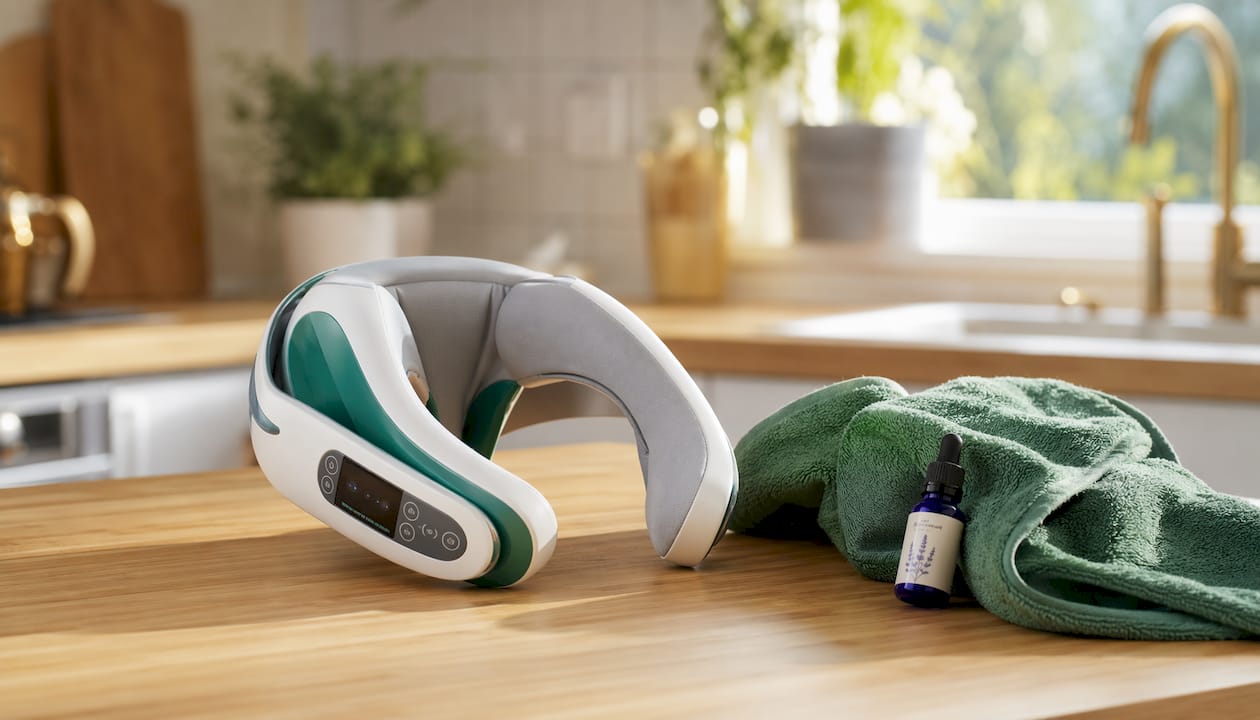 Close-up of neck therapy device on countertop