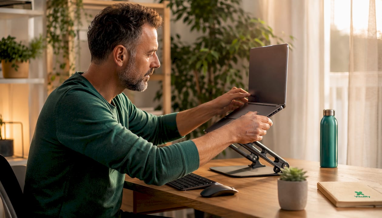 Man adjusting ergonomic workstation setup