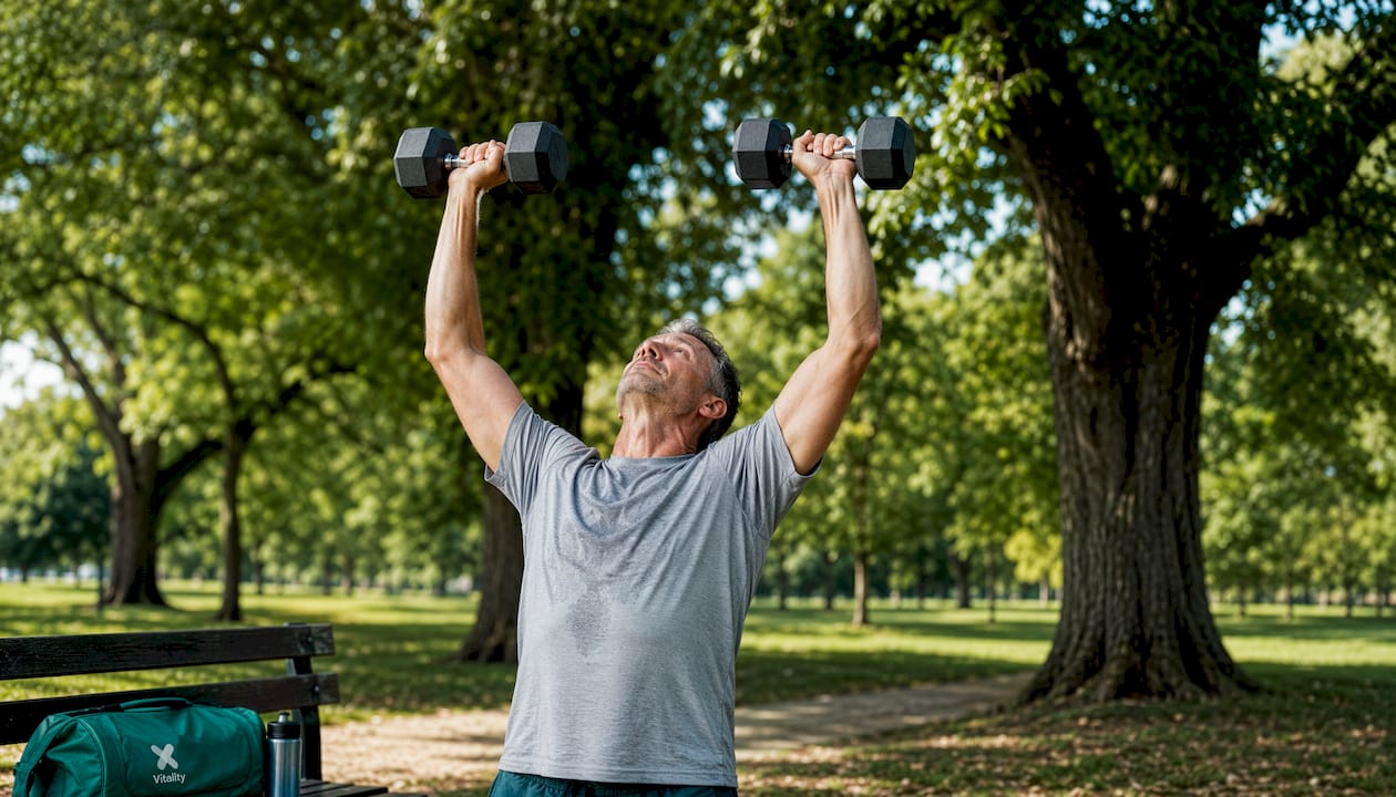 Man performing overhead press with neck posture error in gym