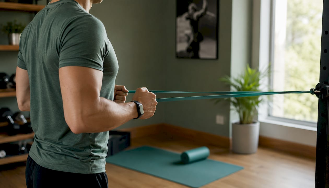 Hands performing scapular retraction with resistance band